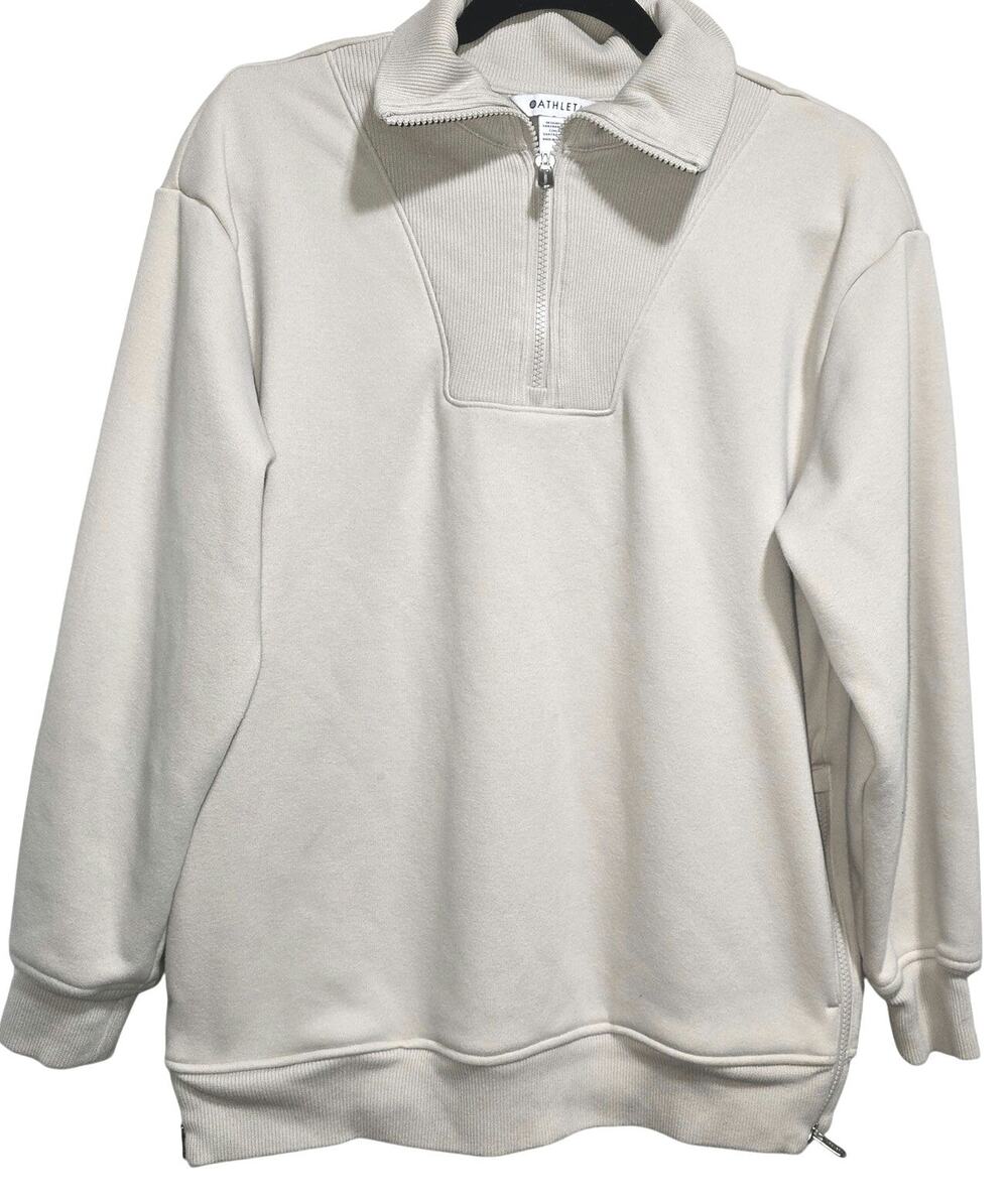 Athleta Retroplush Revive Sweatshirt Womens Small Beige 1/4 Zip Long Sleeve